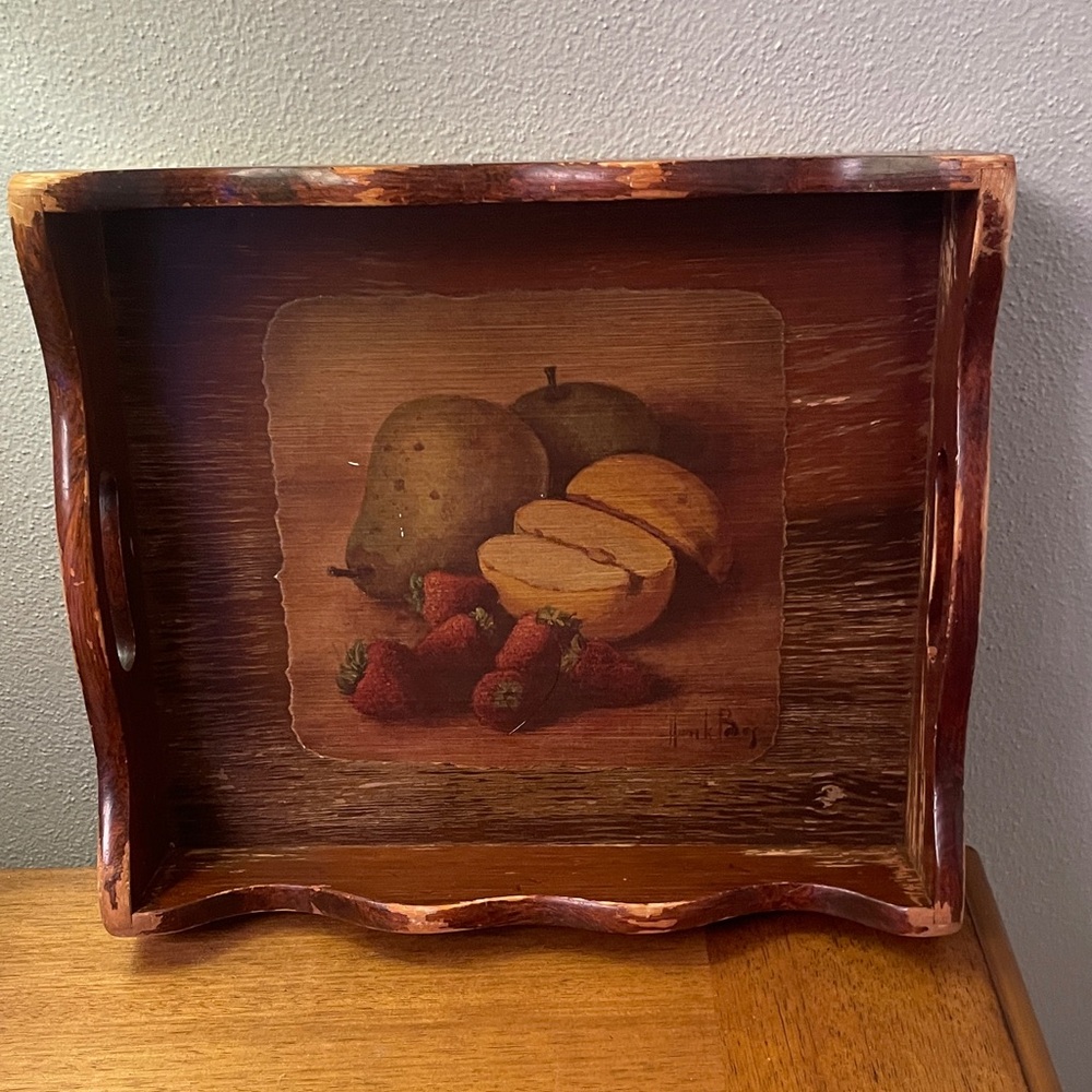 Vintage Wood Serving Tray with Fruit Images Handles & Scalloped Rims
